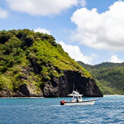 Caribbean Holidays, Dominica Fishing November, Anglers fishing from a small charter boat near Dominica's rugged coastline, with deep blue water, forested hills and light cloud