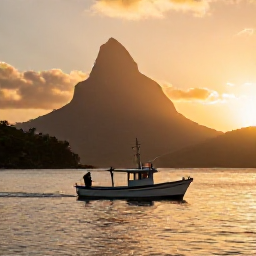 Caribbean Holidays, Dominica Fishing September, A peaceful evening harbour scene on Dominica's west coast, fishing boat returning with mountains and warm sunset light