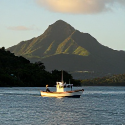 Caribbean Holidays, Dominica Fishing September, A small fishing boat heading out from Dominica's rugged Caribbean coastline at sunrise, calm blue water, green mountains in the background