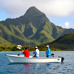 Caribbean Holidays, Dominica Fishing September, A sport fishing boat in deep Caribbean water near Dominica, anglers preparing rods with lush volcanic mountains behind them