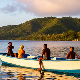 Caribbean Holidays, Dominica Fishing, Smiling visitors relaxing beside a fishing boat at sunset with Dominica's rainforest-covered hills in the background