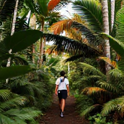 Caribbean Holidays, Dominica Holidays April, A solo traveller walking along a lush Dominica rainforest trail in April, with tall palms, ferns and soft tropical light