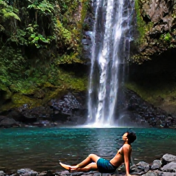 Caribbean Holidays, Dominica Holidays April, A solo visitor relaxing beside a clear Caribbean waterfall in Dominica, surrounded by rainforest and volcanic rocks