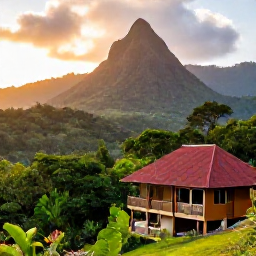 Caribbean Holidays, Dominica Holidays, Comfortable eco lodge overlooking Dominica's rainforest-covered hills at sunset