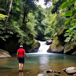 Caribbean Holidays, Dominica Holidays, Hikers walking through dense Dominica rainforest beside a clear river and small waterfall