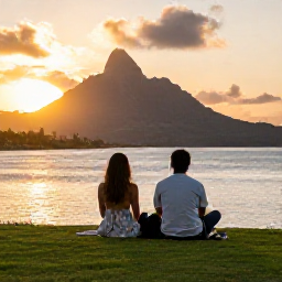 Caribbean Holidays, Dominica Holidays July, Couple enjoying a relaxed sunset at a Dominica all-inclusive resort in July, with mountains and calm Caribbean sea in the background
