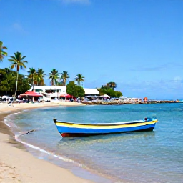 Caribbean Holidays, Dominica Holidays July, Dominica beach and Caribbean fishing village in July, colourful boats, calm blue water and palm trees