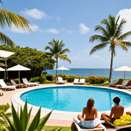 Caribbean Holidays, Dominica Holidays July, Friendly all-inclusive resort in Dominica, guests relaxing beside a swimming pool with tropical gardens and Caribbean views