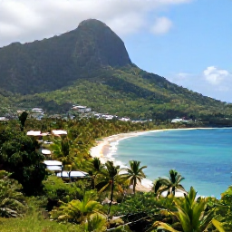 Caribbean Holidays, Dominica Holidays July, Lush Dominica coastline in July, with rainforest-covered mountains, calm Caribbean sea and a small resort setting