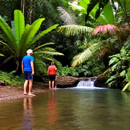 Caribbean Holidays, Dominica Holidays July, Visitors walking through Dominica rainforest in July beside a clear river, tropical plants and a small waterfall