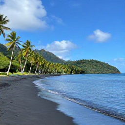 Caribbean Holidays, Dominica Holidays, Quiet black volcanic sand beach on Dominica with palm trees, green hills and calm Caribbean water