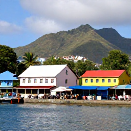 Caribbean Holidays, Dominica Holidays, Roseau waterfront with colourful buildings, local market stalls and mountain scenery in the background