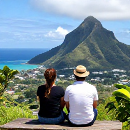 Caribbean Holidays, Dominica in April, A couple enjoying a scenic Dominica viewpoint in April overlooking green mountains and the Caribbean Sea
