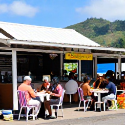 Caribbean Holidays, Dominica in April, A friendly outdoor caf&eacute; and local market in Roseau, Dominica, with colourful produce and travellers enjoying an April afternoon