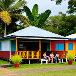 Caribbean Holidays, Dominica in April, A friendly outdoor caf&eacute; in a colourful Dominica village, with local food, tropical plants and travellers relaxing after a hike