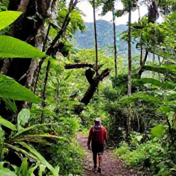 Caribbean Holidays, Dominica in April, A lush Dominica rainforest trail in April, with bright green foliage, soft mountain light and a traveller walking beneath tropical trees