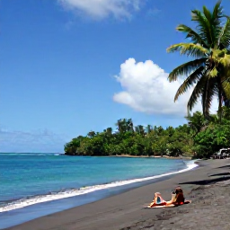 Caribbean Holidays, Dominica in April, A quiet black sand beach on Dominica in April with turquoise water, palms and a couple relaxing near the shore
