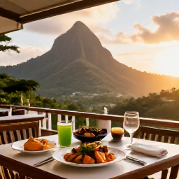 Caribbean Holidays, Dominica in April, An elegant open-air restaurant in Dominica at sunset, serving fresh Caribbean food with rainforest hills in the background