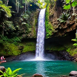 Caribbean Holidays, Dominica in April, Emerald Pool waterfall in Dominica surrounded by rainforest in April, with a clear pool, tropical plants and visitors on a woodland path