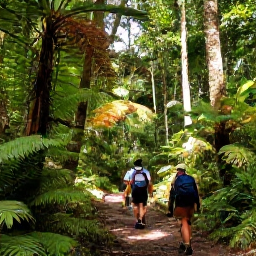 Caribbean Holidays, Dominica in April, Hikers walking through dense tropical rainforest on Dominica, with tall trees, ferns and filtered sunlight on a mountain trail