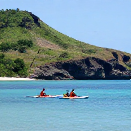 Caribbean Holidays, Dominica in April, Kayakers exploring the clear blue waters of Soufriere Bay in Dominica, with green volcanic hills and a rugged coastline behind them