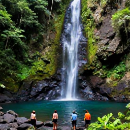 Caribbean Holidays, Dominica in April, Travellers hiking through Dominica rainforest in April towards a clear waterfall, with vivid greenery and volcanic rocks
