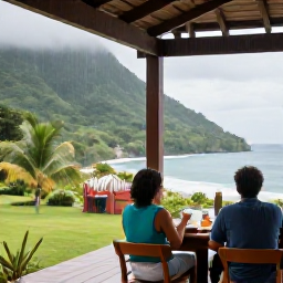 Caribbean Holidays, Dominica in August, A couple enjoying a relaxed tropical holiday in Dominica, with light rain over green hills and a covered terrace overlooking the sea