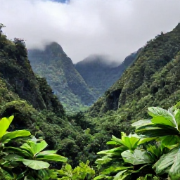 Caribbean Holidays, Dominica in August, A lush Dominica rainforest valley in August, with misty mountains, tropical greenery and a gentle waterfall