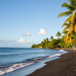 Caribbean Holidays, Dominica in August, Clear Caribbean sea, black sand beach and palm trees on Dominica in warm August sunshine
