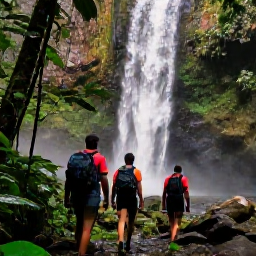 Caribbean Holidays, Dominica in August, Hikers walking through Dominica rainforest towards a powerful waterfall, with wet green leaves and soft tropical light