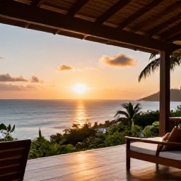 Caribbean Holidays, Dominica in August, Peaceful Dominica guesthouse terrace overlooking the Caribbean Sea at sunset, suited to a solo traveller