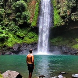 Caribbean Holidays, Dominica in August, Solo hiker beside a Dominica waterfall in the rainforest, with a clear pool and lush green vegetation