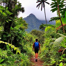 Caribbean Holidays, Dominica in August, Solo traveller walking through lush rainforest on Dominica, with misty mountains and tropical foliage