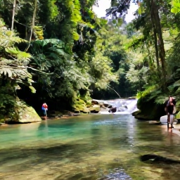 Caribbean Holidays, Dominica in August, Visitors walking through Dominica's tropical rainforest towards a clear river and waterfall in August