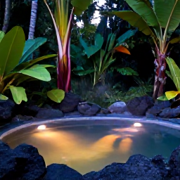 Caribbean Holidays, Dominica in August, Warm natural hot spring pool in Dominica rainforest, surrounded by tropical plants and volcanic rocks at dusk