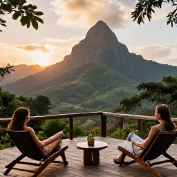 Caribbean Holidays, Dominica in February, A comfortable eco-lodge terrace in Dominica overlooking green mountains at sunset, with travellers relaxing after a day of touring