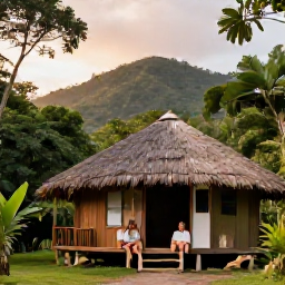 Caribbean Holidays, Dominica in February, A couple relaxing at a small eco-lodge in Dominica surrounded by rainforest, with a view towards green hills at sunset