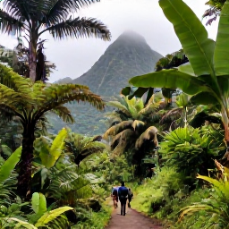 Caribbean Holidays, Dominica in February, A lush Dominica rainforest trail in February, with towering palms, ferns, misty mountains and a couple walking through the greenery