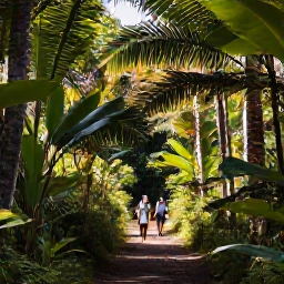 Caribbean Holidays, Dominica in February, A lush Dominica rainforest trail with visitors walking beneath tall palms and tropical foliage in warm February sunshine