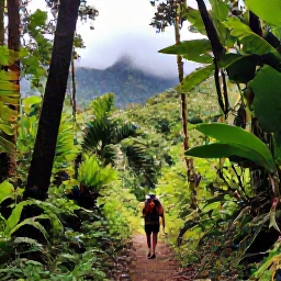 Caribbean Holidays, Dominica in February, Backpacker walking through lush tropical rainforest on Dominica in February, with misty mountains and a clear trail