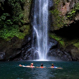Caribbean Holidays, Dominica in February, Backpackers swimming in a clear natural pool beneath a waterfall in Dominica, surrounded by dense rainforest