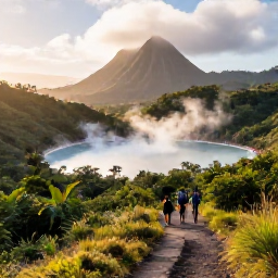 Caribbean Holidays, Dominica in February, Boiling Lake in Dominica surrounded by volcanic hills and tropical rainforest, with hikers on a dramatic trail in soft morning light