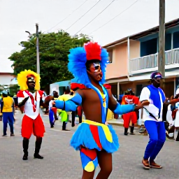 Caribbean Holidays, Dominica in February, Colourful Dominican street festival with masquerade costumes, musicians and dancers in a Caribbean town
