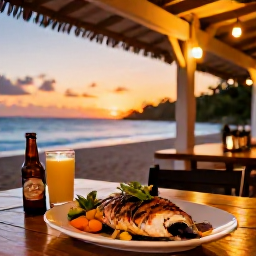Caribbean Holidays, Dominica in February, Friendly Dominica seaside restaurant at sunset, serving fresh grilled fish and tropical food, with warm lights and the Caribbean coast beyond