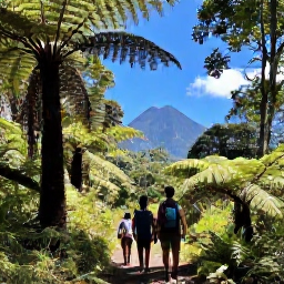 Caribbean Holidays, Dominica in February, Hikers walking through Dominica rainforest on a clear February day, surrounded by ferns, tall trees and volcanic mountain scenery