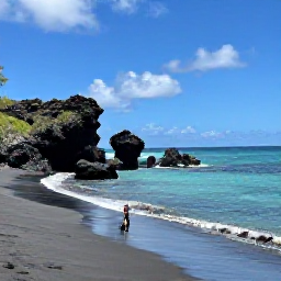 Caribbean Holidays, Dominica in February, Quiet black sand beach on Dominica in February, with turquoise water, volcanic rocks and a lone backpack on the shore