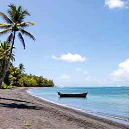 Caribbean Holidays, Dominica in February, Quiet black sand beach on Dominica with calm turquoise water, palm trees and a small wooden boat