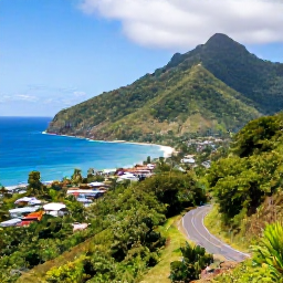 Caribbean Holidays, Dominica in February, Scenic Dominica coastal landscape in February, showing rainforest-covered mountains, a winding road, a small fishing village and the Caribbean Sea