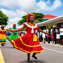 Caribbean Holidays, Dominica in February, Traditional Dominican Carnival dancers in bright costumes performing in Roseau, with local spectators lining the street