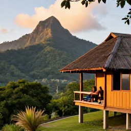 Caribbean Holidays, Dominica in February, Traveller relaxing in a small eco-lodge in Dominica, overlooking green rainforest hills at sunset in February